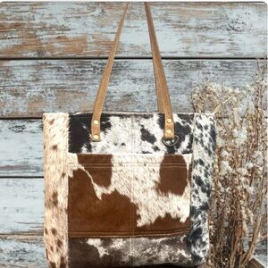 Myra Bag | Western Cowhide Patchwork Tote Bag with Brown Leather Straps